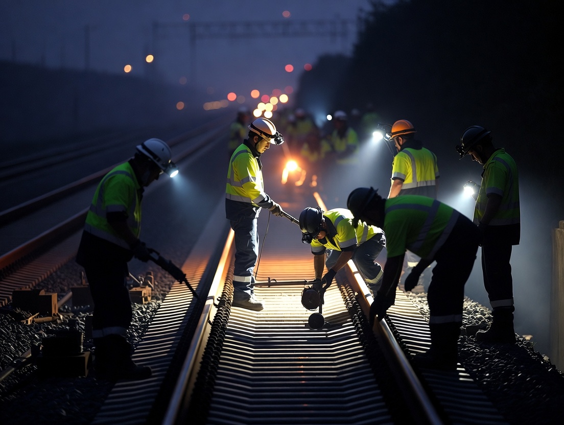 Создай изображения размером 1024х768 пикселей на тему:Вокзальные фитнес-зоны:Как железнодорожники ремонтируют пути за одну ночь